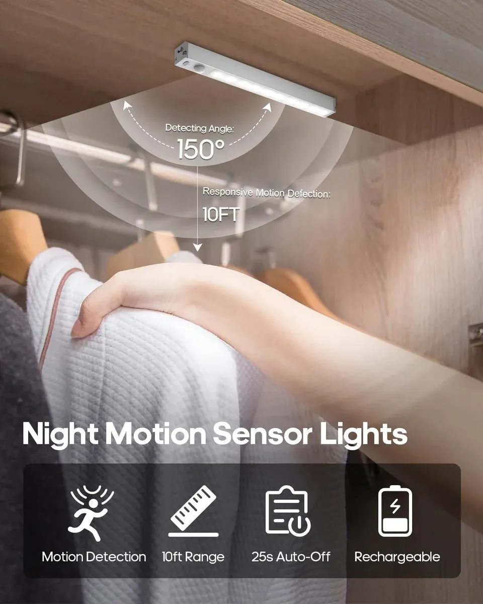 Lot de 5 barres lumineuses LED magnétiques avec détecteur de mouvement pour sous-meuble, lumière blanche froide/chaude 6
