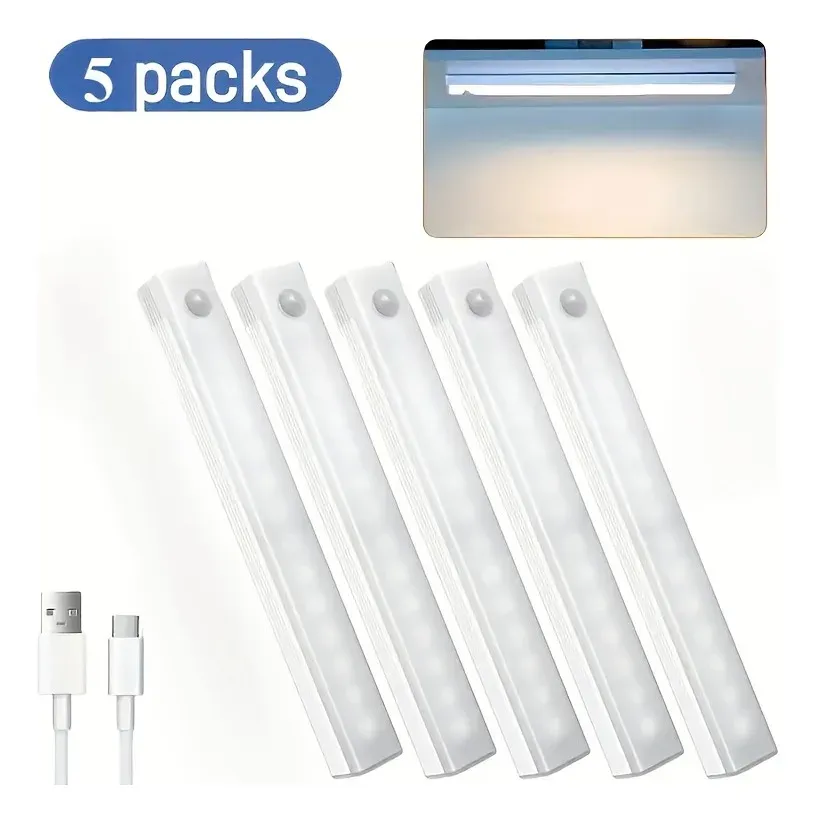 Lot de 5 barres lumineuses LED magnétiques avec détecteur de mouvement pour sous-meuble, lumière blanche froide/chaude 7