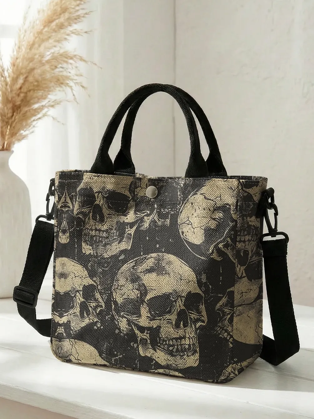Sac fourre-tout vintage imprimé crâne à bandoulière amovible - Image 1