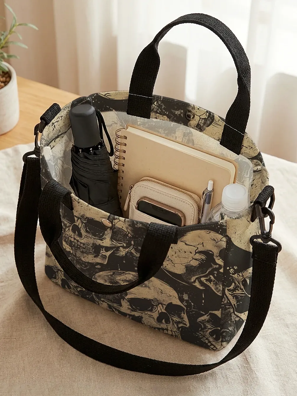 Sac fourre-tout vintage imprimé crâne à bandoulière amovible 2