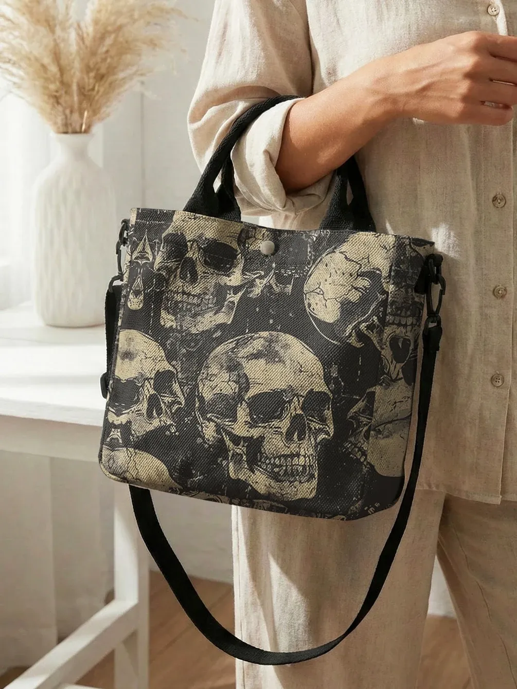 Sac fourre-tout vintage imprimé crâne à bandoulière amovible 3