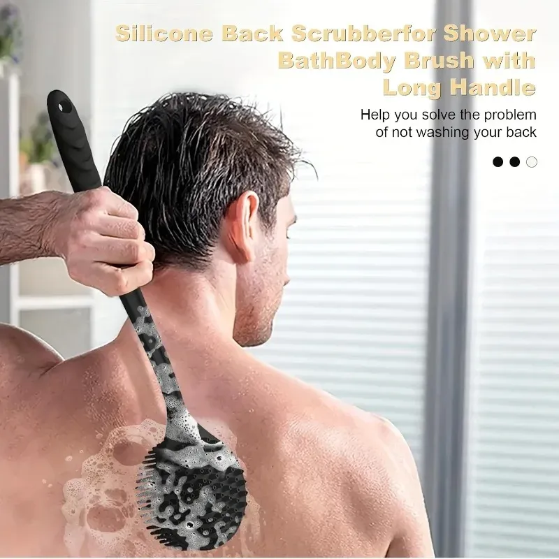 Brosse de douche en silicone à long manche pour le dos, exfoliation et nettoyage en profondeur, double face à poils doux 3