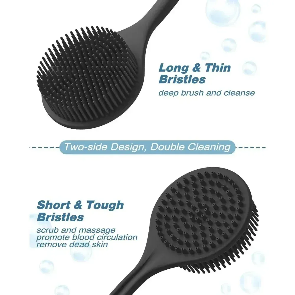 Brosse de douche en silicone à long manche pour le dos, exfoliation et nettoyage en profondeur, double face à poils doux 5
