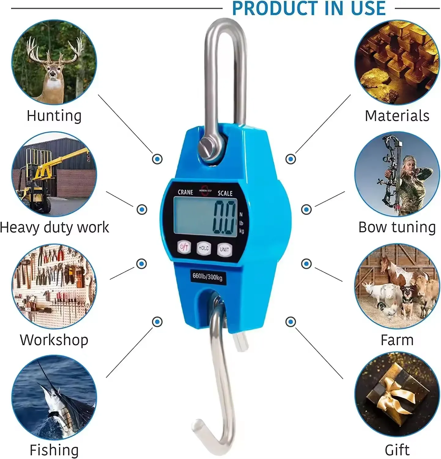 Balance numérique suspendue multifonction 200/300 kg avec écran LCD, pèse-bagages portable pour valises, pêche, vélo et contrôles de charge industriels 3