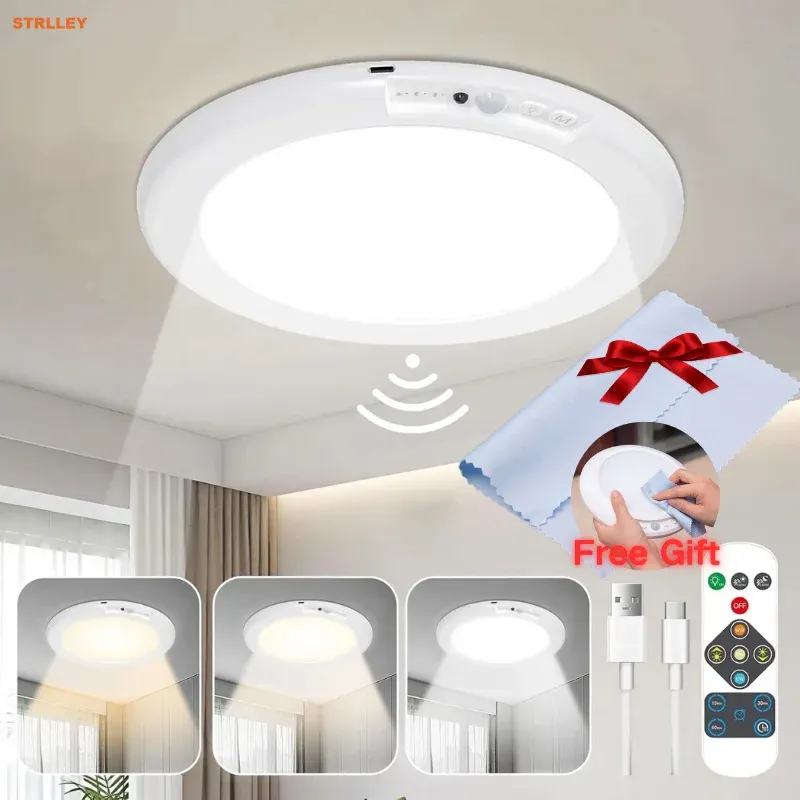 Plafonnier LED rond à détecteur de mouvement avec télécommande, recharge USB et fixation magnétique