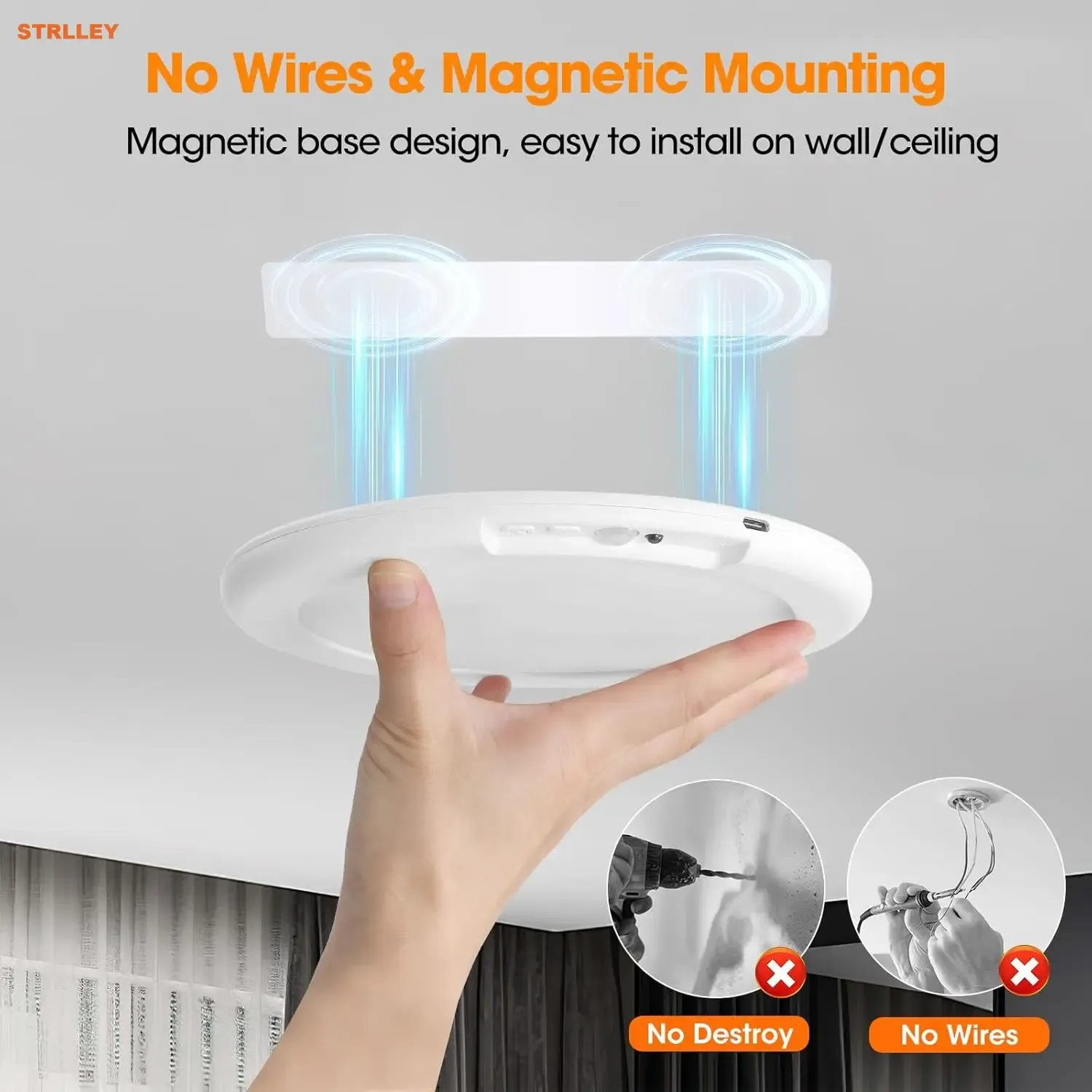 Plafonnier LED rond à détecteur de mouvement avec télécommande, recharge USB et fixation magnétique 4