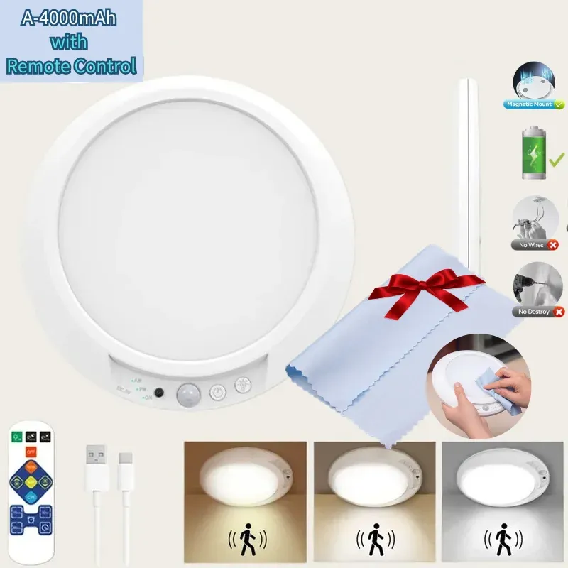 Plafonnier LED rond à détecteur de mouvement avec télécommande, recharge USB et fixation magnétique 13