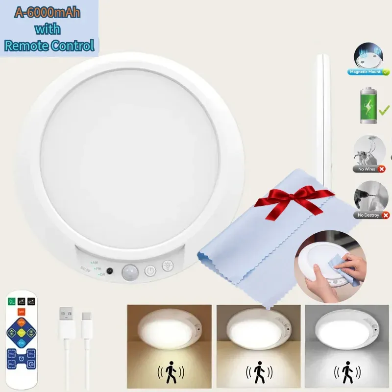 Plafonnier LED rond à détecteur de mouvement avec télécommande, recharge USB et fixation magnétique 12