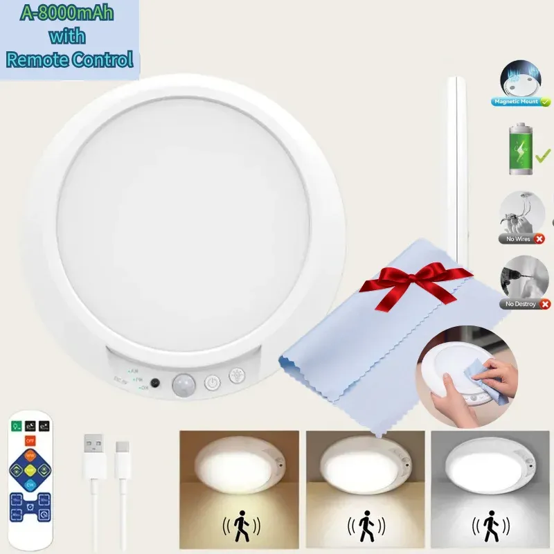 Plafonnier LED rond à détecteur de mouvement avec télécommande, recharge USB et fixation magnétique 8