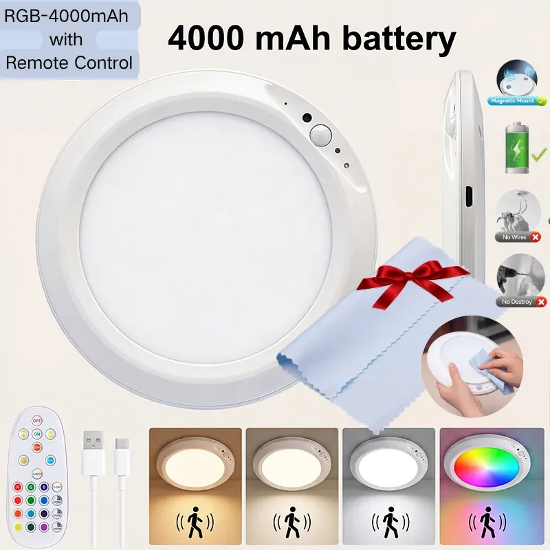Plafonnier LED rond à détecteur de mouvement avec télécommande, recharge USB et fixation magnétique 9
