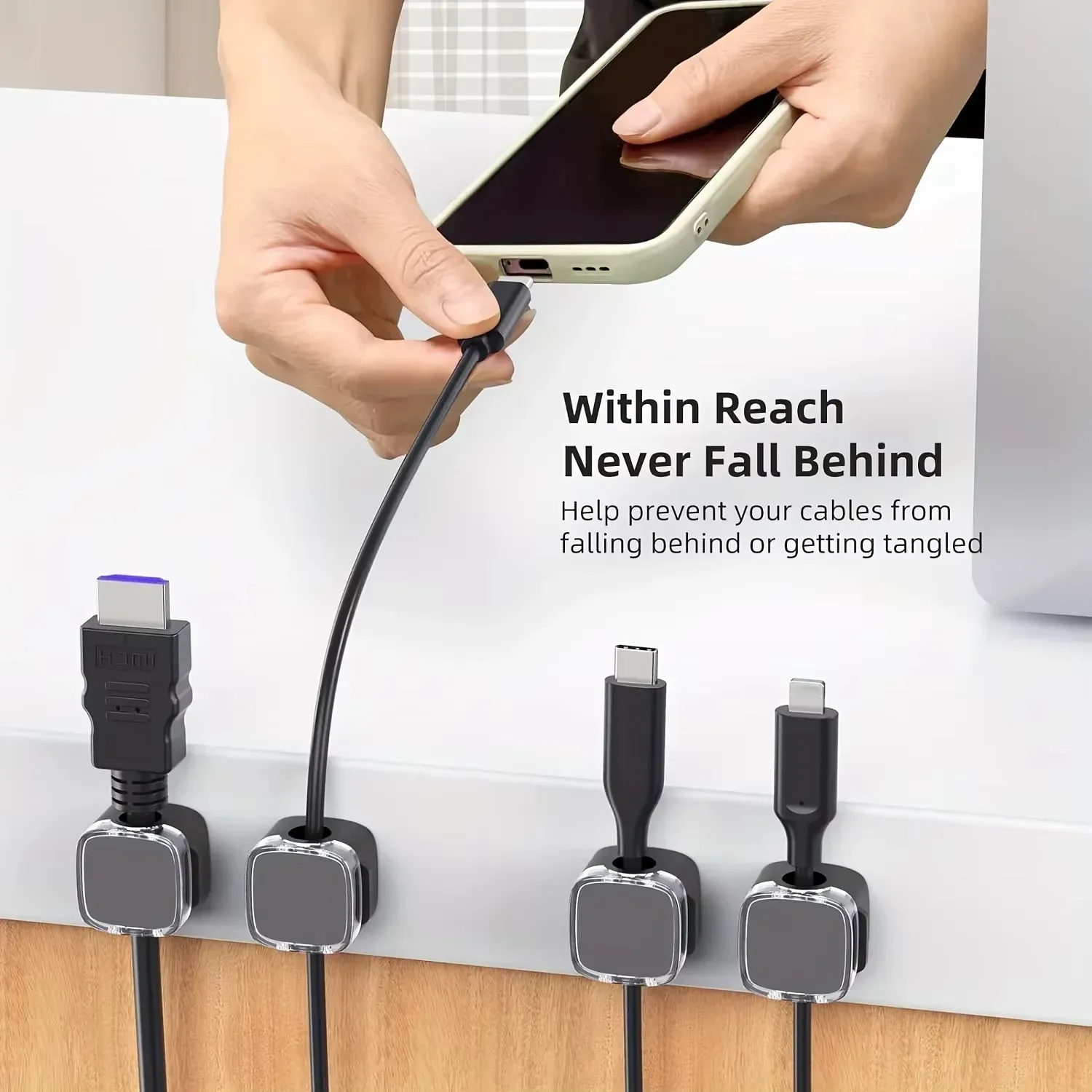NNBILI 6 pièces Clips magnétiques de gestion de câbles, organisateurs de cordons multicolores, crochets muraux et de bureau pour câbles de données et chargeurs de téléphone 4