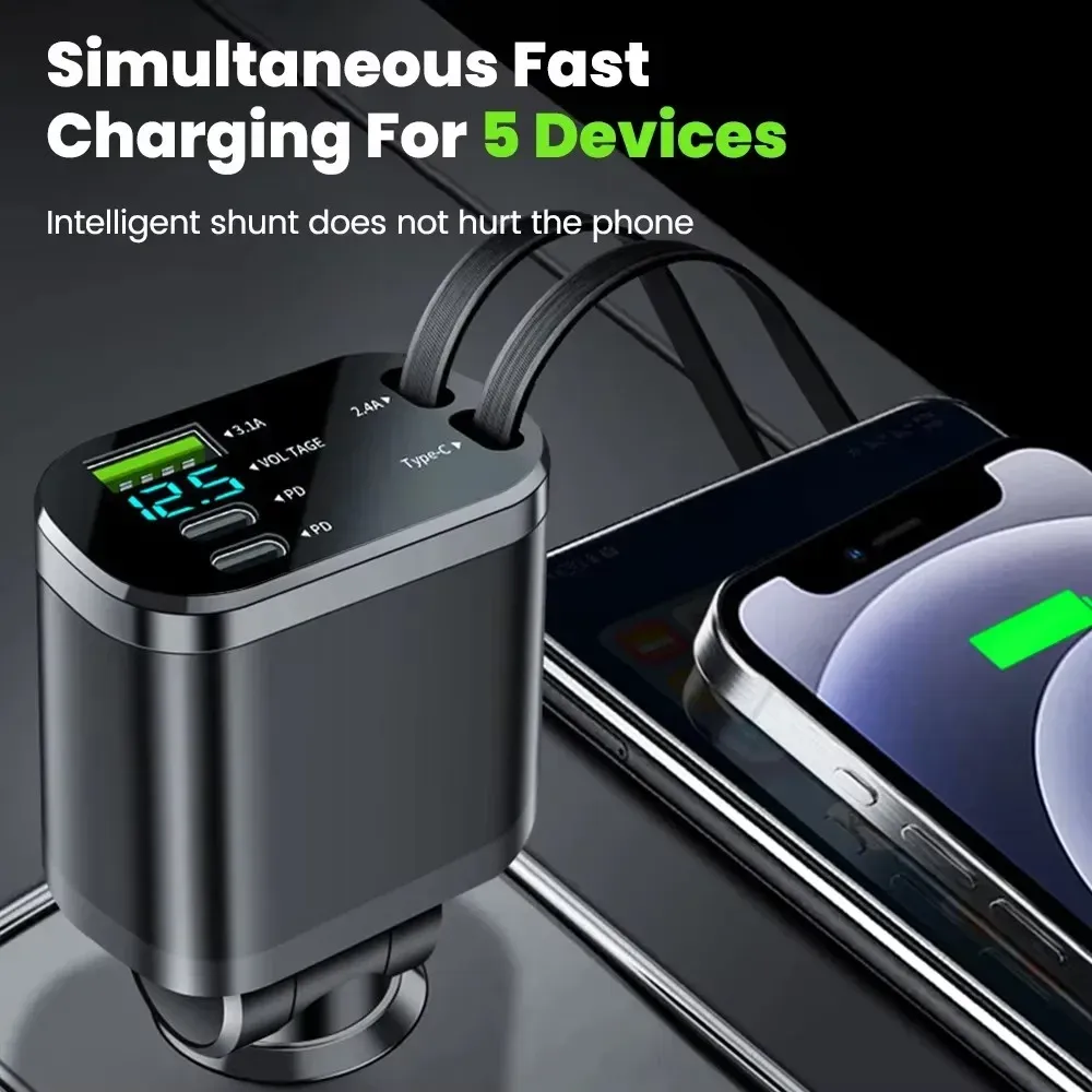 KEBIDUMEI – Chargeur de voiture rétractable 150 W 5 en 1 à charge rapide, adaptateur allume-cigare USB compatible iPhone et Samsung 6