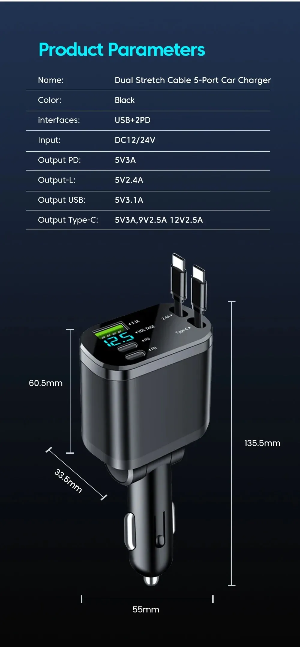 Chargeur de voiture KEBIDUMEI, finitions soignées