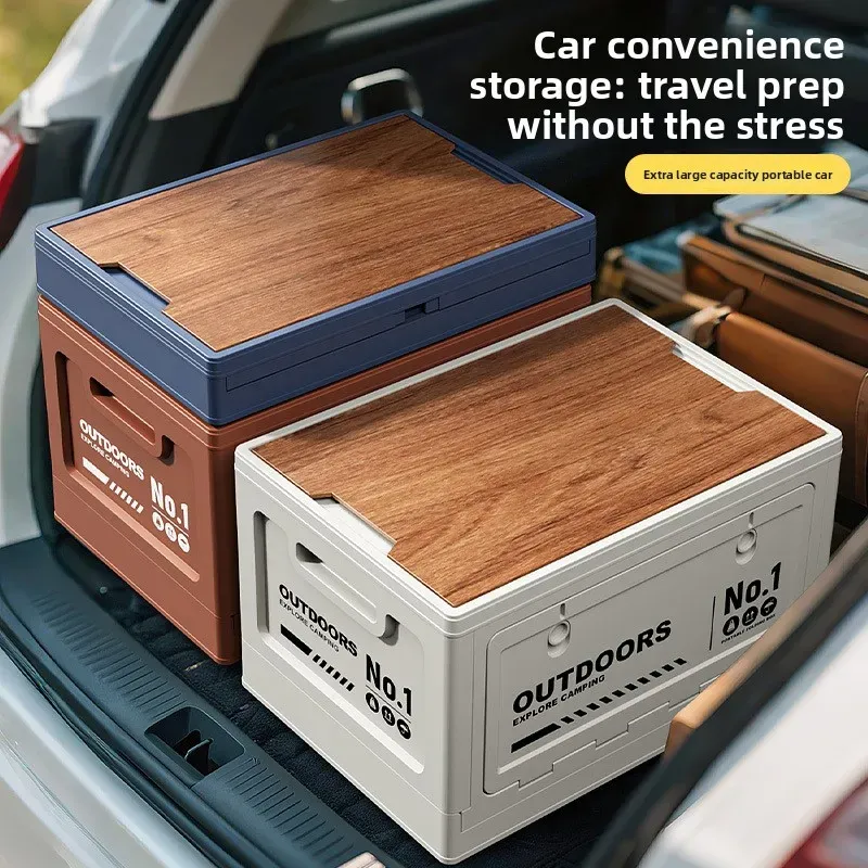 Boîte de rangement pliable grande capacité pour camping avec couvercle en bois, multifonctionnelle, idéale pour coffre de voiture, camping et pique-niques 3