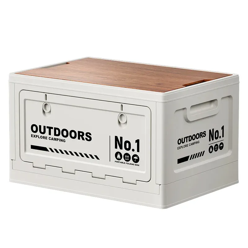 Boîte de rangement pliable grande capacité pour camping avec couvercle en bois, multifonctionnelle, idéale pour coffre de voiture, camping et pique-niques 6