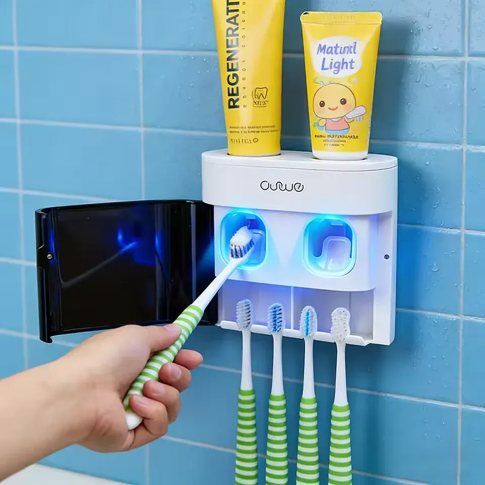 Distributeur mural automatique de dentifrice avec support magnétique pour brosses à dents 2