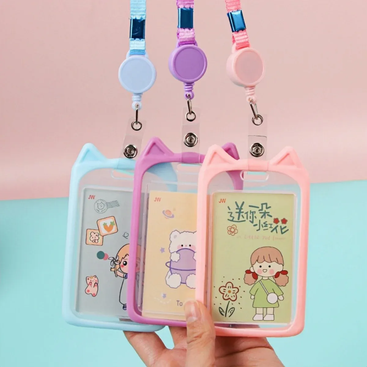 Porte-carte oreilles de chat avec cordon rétractable, porte-badge professionnel, porte-carte d'identité, cordon de cou, étui de protection 2
