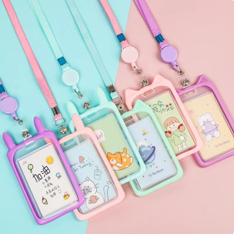 Porte-carte oreilles de chat avec cordon rétractable, porte-badge professionnel, porte-carte d'identité, cordon de cou, étui de protection 3