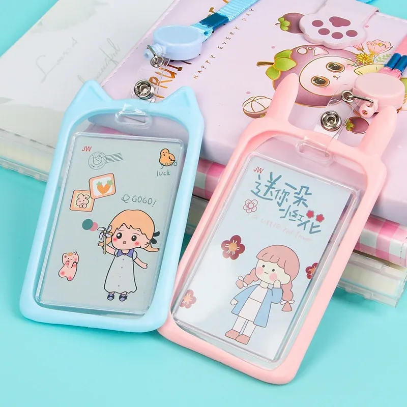 Porte-carte oreilles de chat avec cordon rétractable, porte-badge professionnel, porte-carte d'identité, cordon de cou, étui de protection 4