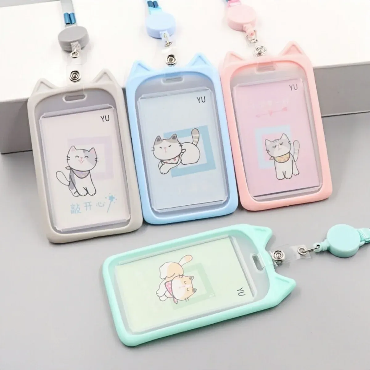 Porte-carte oreilles de chat avec cordon rétractable, porte-badge professionnel, porte-carte d'identité, cordon de cou, étui de protection 5