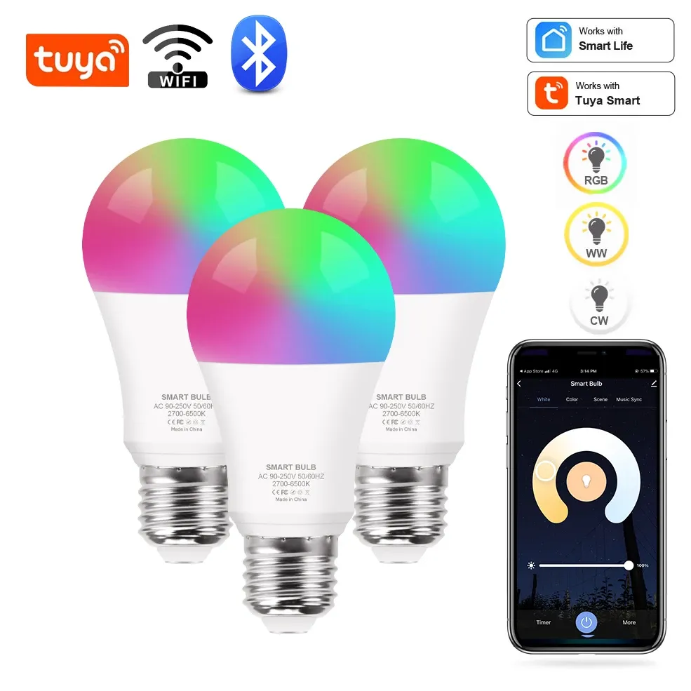 Ampoule LED intelligente E27 RGB Tuya Wi-Fi/Bluetooth compatible Alexa et Google Assistant, 110V-220V