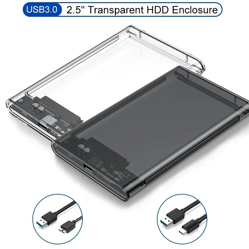 Boîtier de disque dur externe USB 3.0 2,5 pouces, transparent, compatible SATA HDD et SSD
