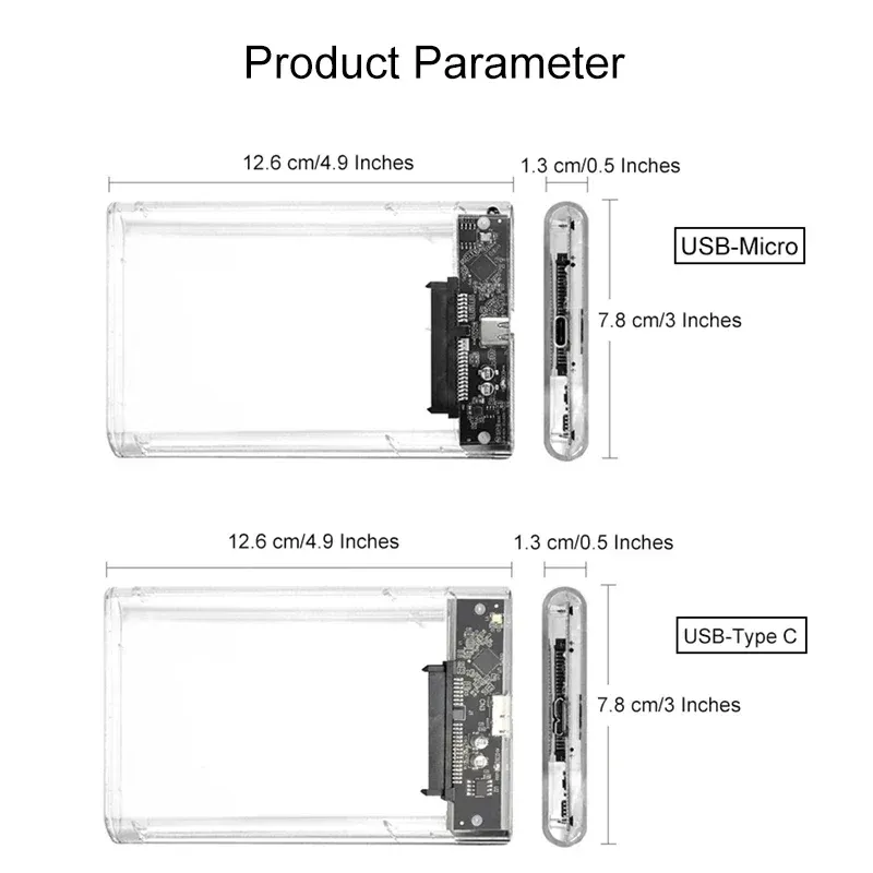 Boîtier de disque dur externe transparent vu de face