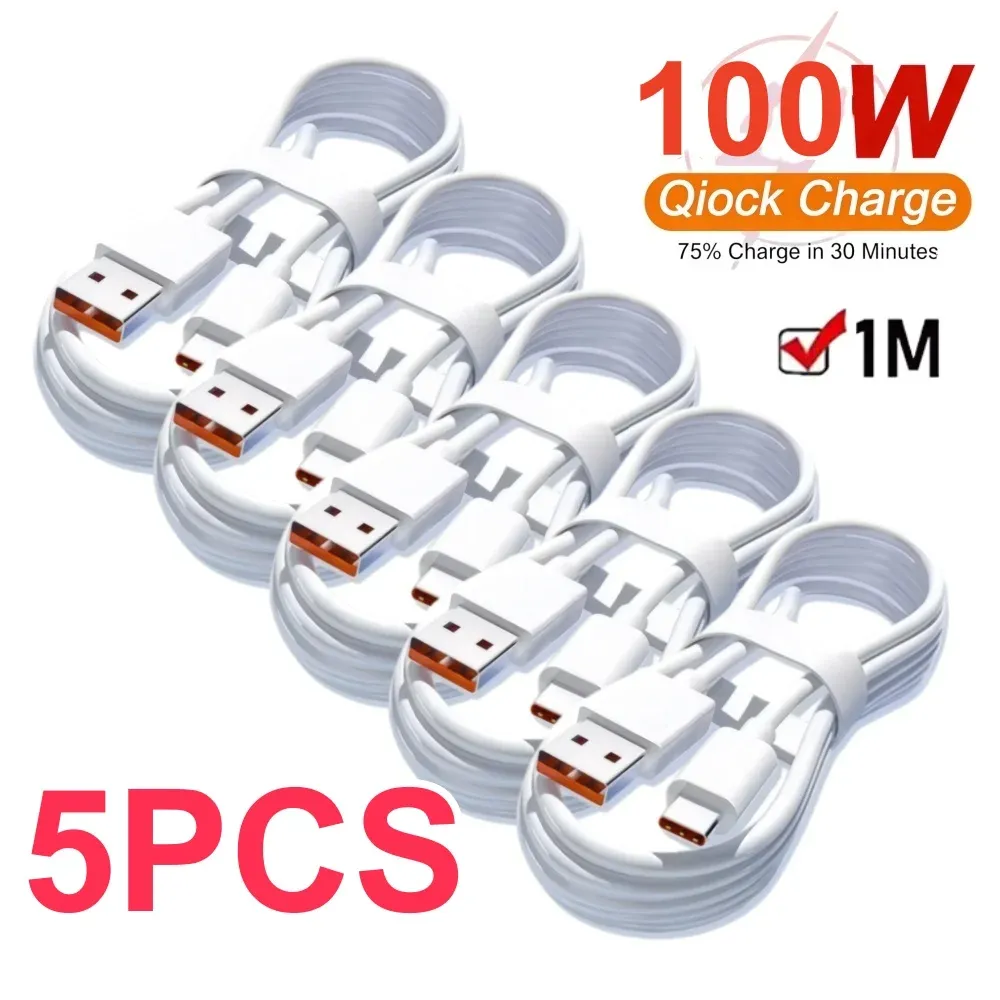 Câble USB-C à charge rapide 100 W 6 A pour Samsung, Huawei et Xiaomi Redmi, lot de 1 ou 5 pièces