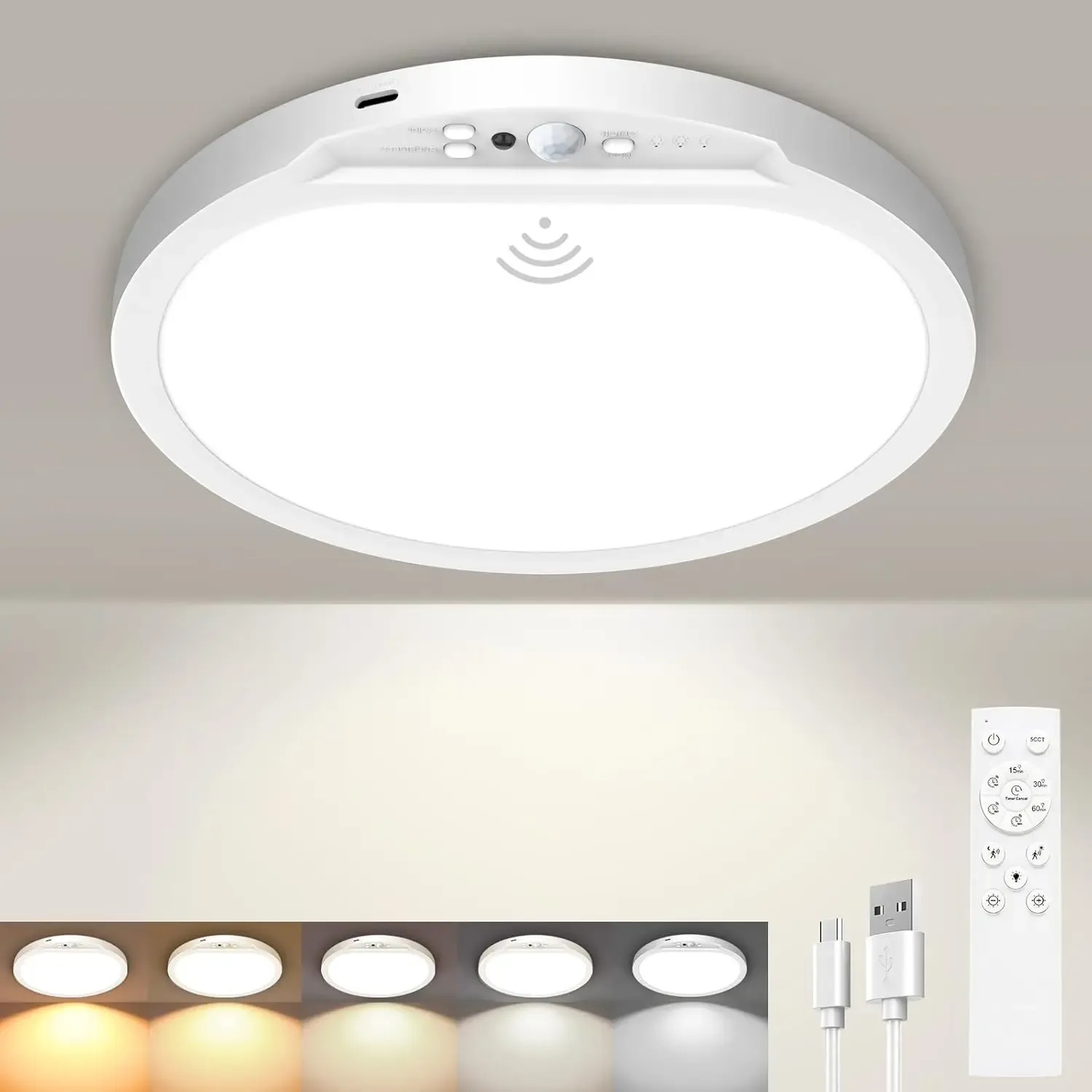 Plafonnier rechargeable à détecteur de mouvement avec télécommande, plafonnier magnétique sans fil 5 couleurs à piles, à intensité variable, avec minuterie