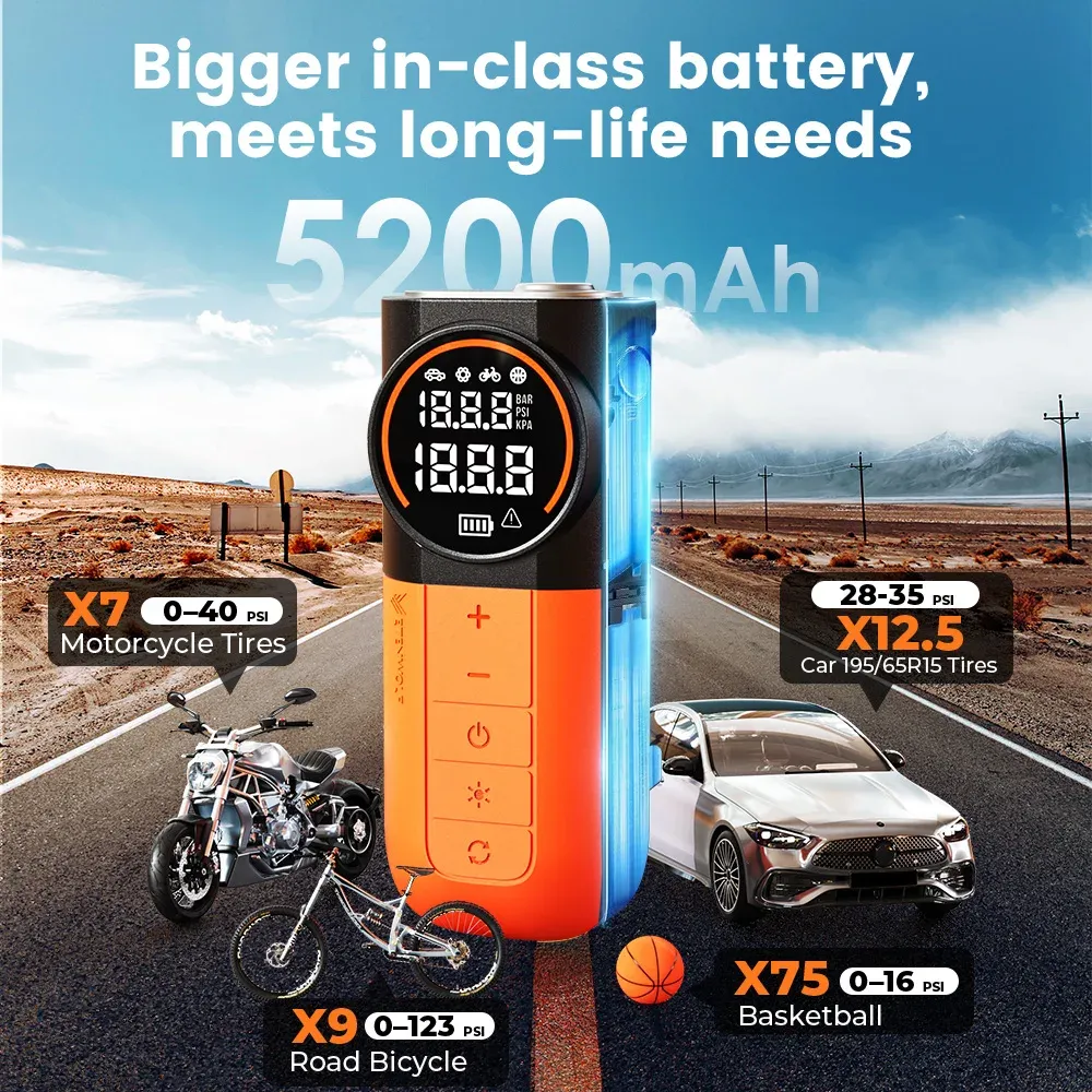 Compresseur d'air portable ETENWOLF S1 5200 mAh, 20 L/min, pour voitures, motos et vélos 2