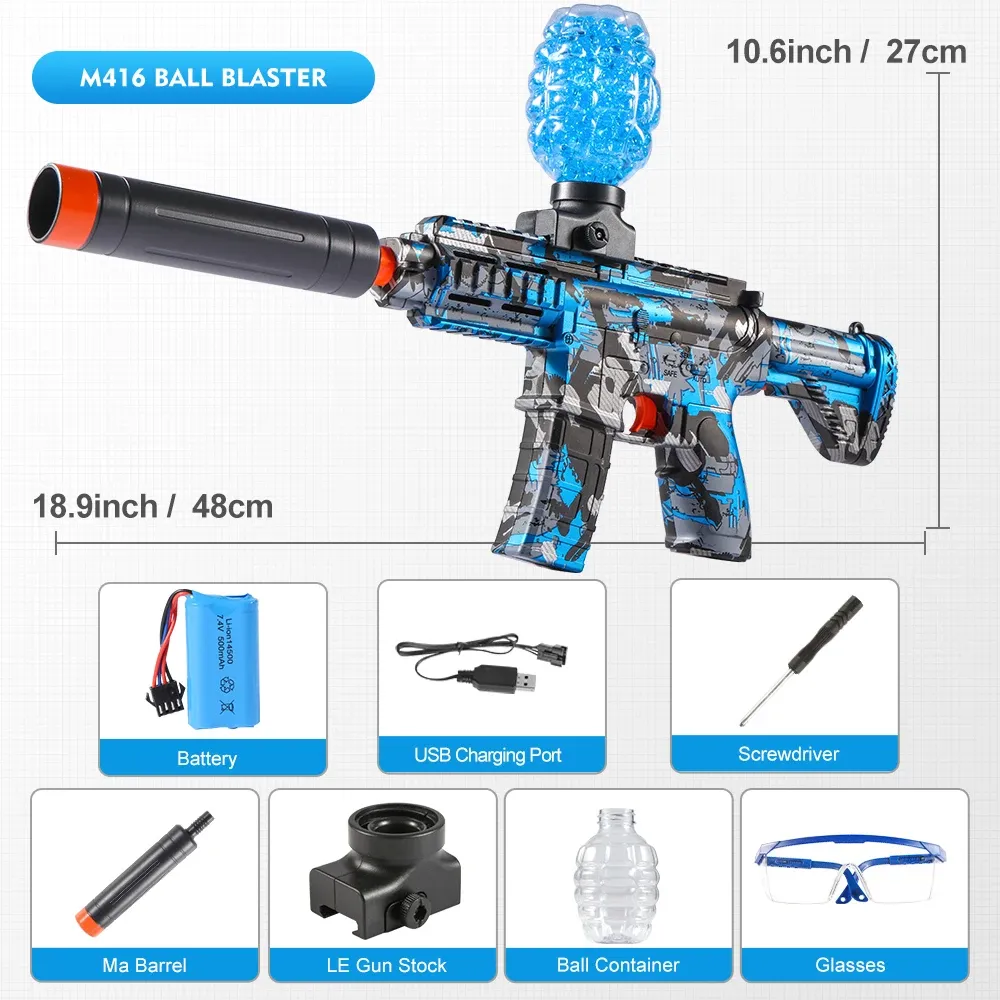 Pistolet à billes électrique M416 haute vitesse, finition métallique, rechargeable, pour jeux en plein air et fêtes (billes non incluses) 9