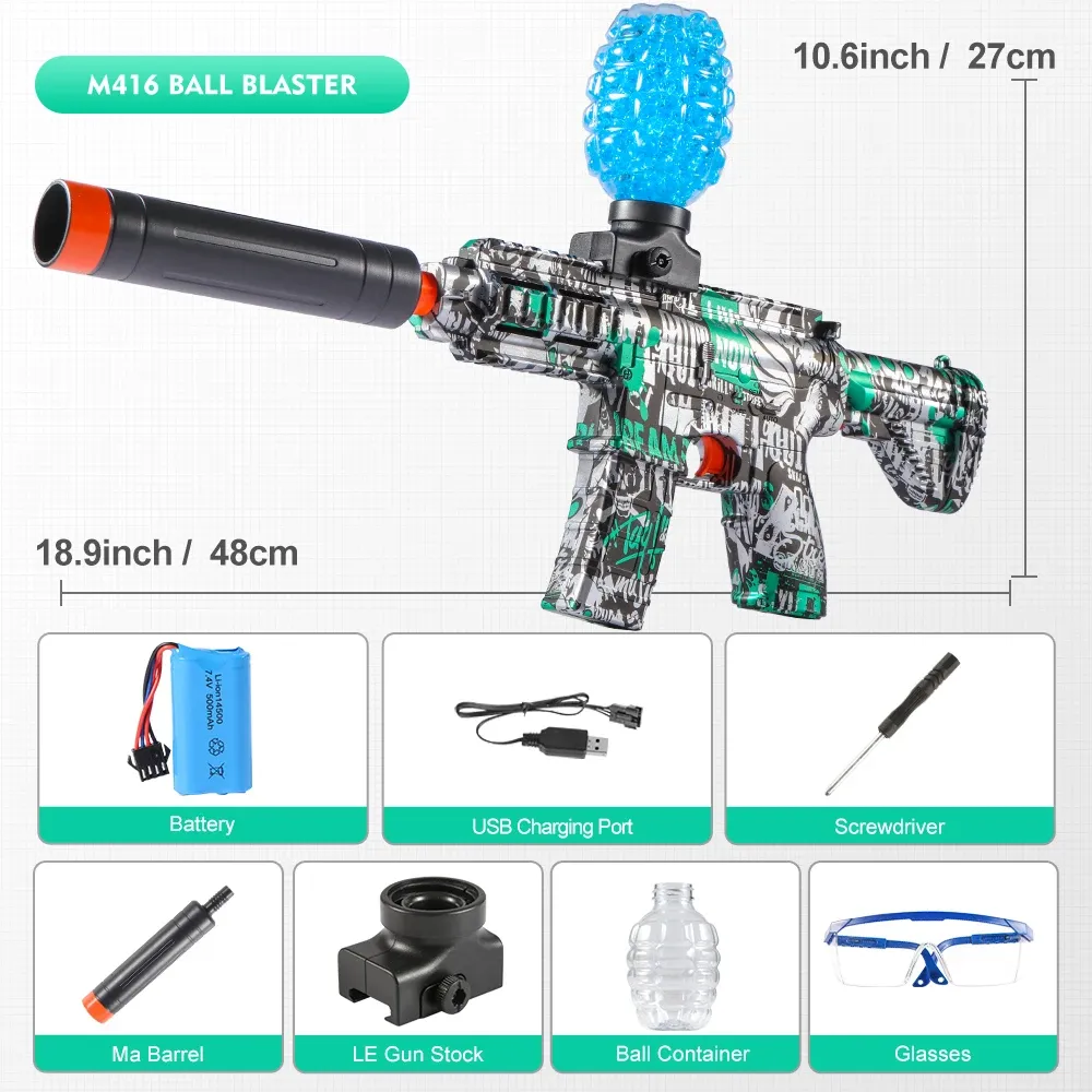 Pistolet à billes électrique M416 haute vitesse, finition métallique, rechargeable, pour jeux en plein air et fêtes (billes non incluses) 11