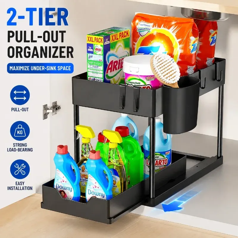 Organisateur coulissant 2 niveaux pour sous-évier avec crochets et support à tasses, rangement cuisine et salle de bain