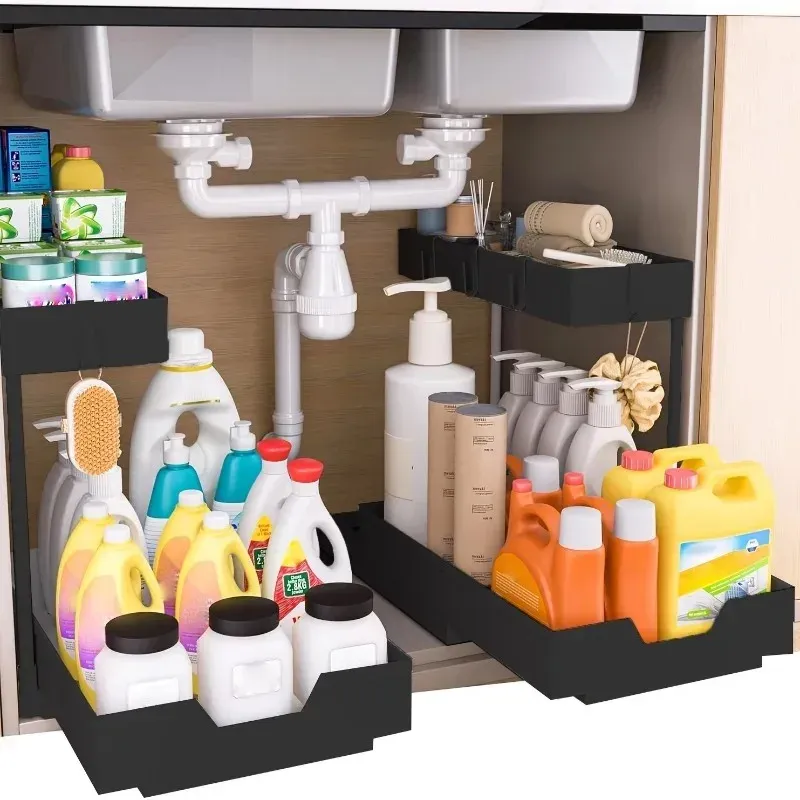 Organisateur coulissant 2 niveaux pour sous-évier avec crochets et support à tasses, rangement cuisine et salle de bain 2