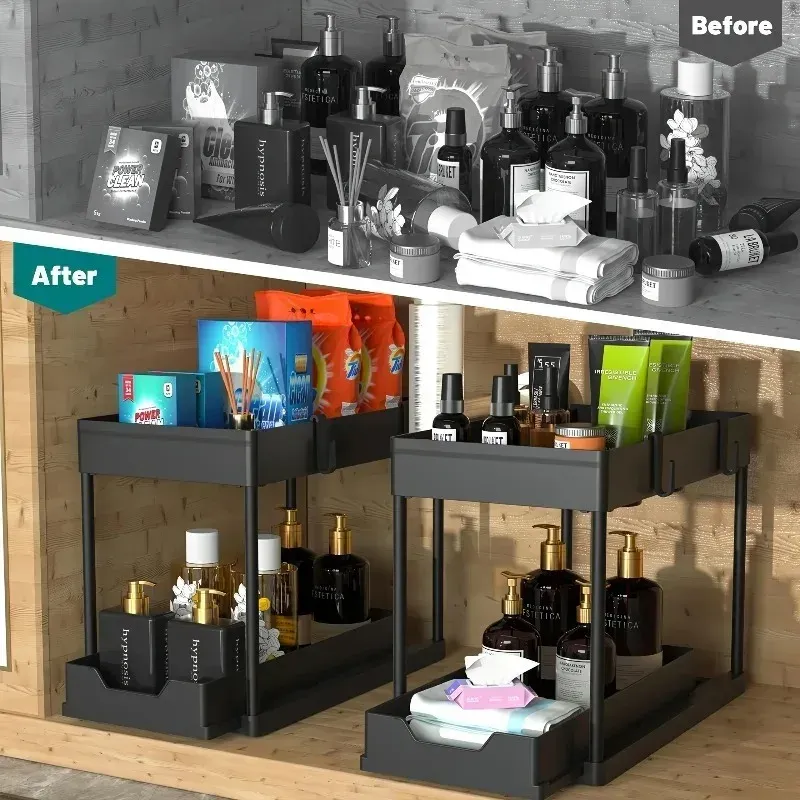 Organisateur coulissant 2 niveaux pour sous-évier avec crochets et support à tasses, rangement cuisine et salle de bain 5