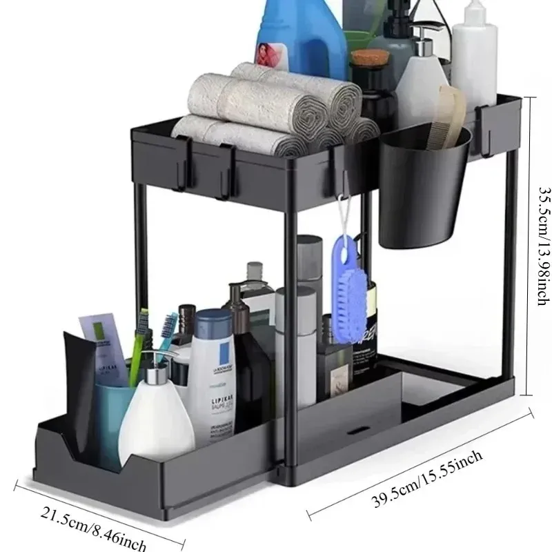 Organisateur coulissant 2 niveaux pour sous-évier avec crochets et support à tasses, rangement cuisine et salle de bain 6