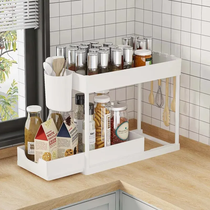 Organisateur coulissant 2 niveaux pour sous-évier avec crochets et support à tasses, rangement cuisine et salle de bain 7