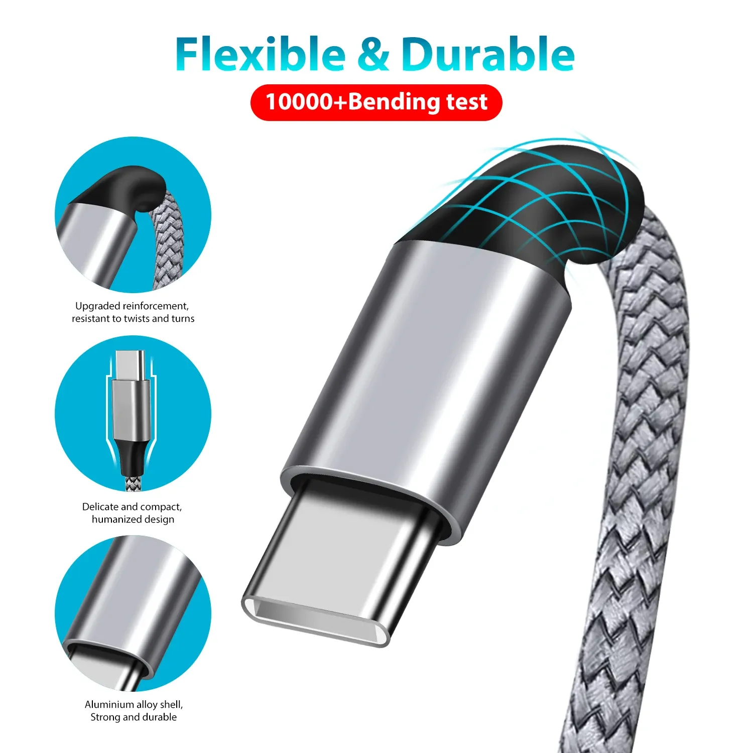 Câble de charge rapide USB-C vers USB-C 60 W PD, câble de données en nylon tressé Type-C 1 m/2 m/3 m/5 m/8 m pour iPhone, Samsung, Xiaomi, MacBook 2