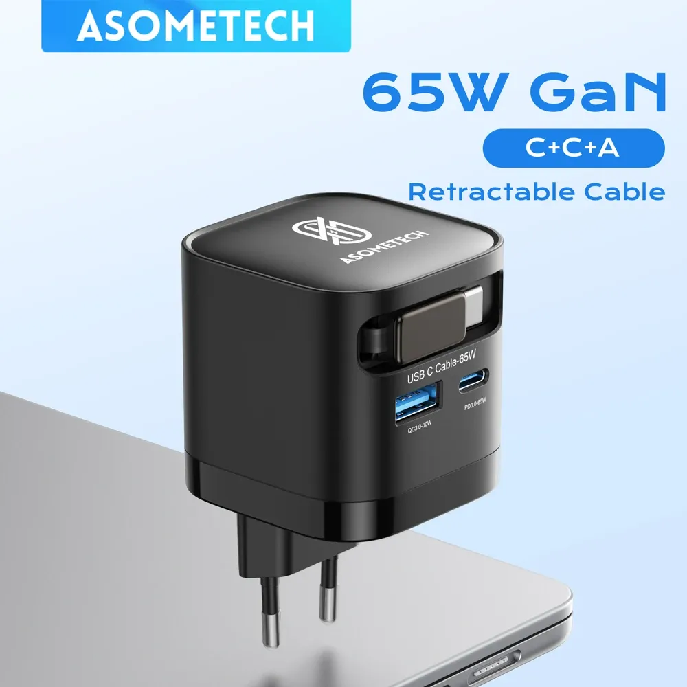 Chargeur USB GaN 65 W avec câble USB-C rétractable, 3 ports, compatible QC 4.0, PD 3.0 et PPS, pour MacBook, ordinateur portable, iPhone et Xiaomi 1