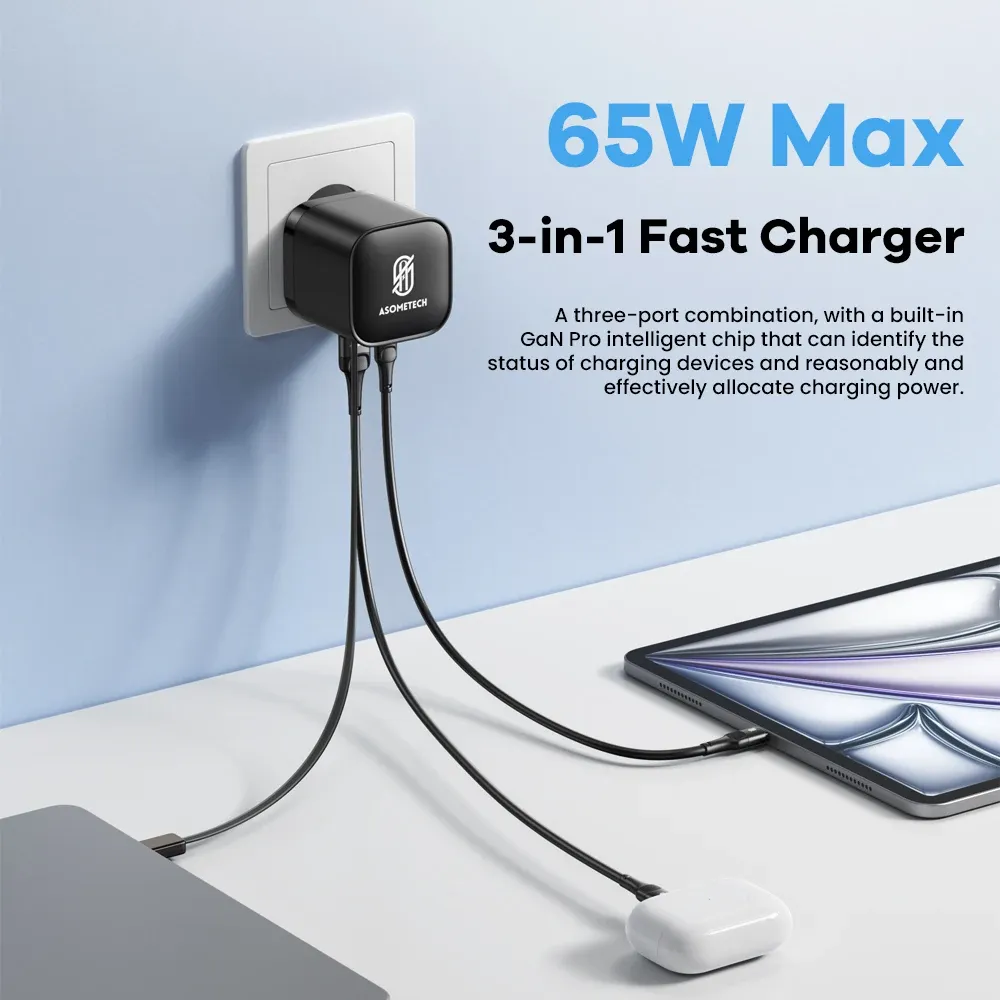 Chargeur USB GaN 65 W avec câble USB-C rétractable, 3 ports, compatible QC 4.0, PD 3.0 et PPS, pour MacBook, ordinateur portable, iPhone et Xiaomi 2