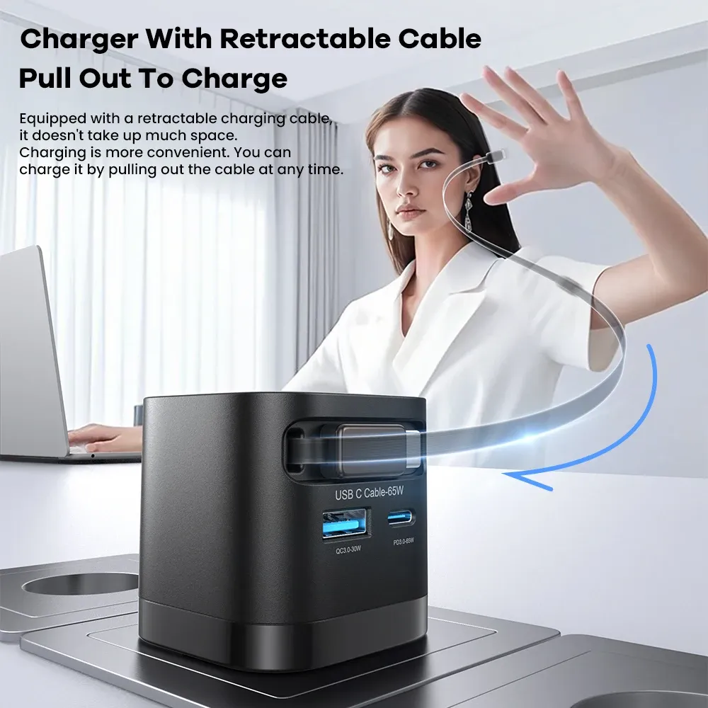 Chargeur USB GaN 65 W avec câble USB-C rétractable, 3 ports, compatible QC 4.0, PD 3.0 et PPS, pour MacBook, ordinateur portable, iPhone et Xiaomi 3
