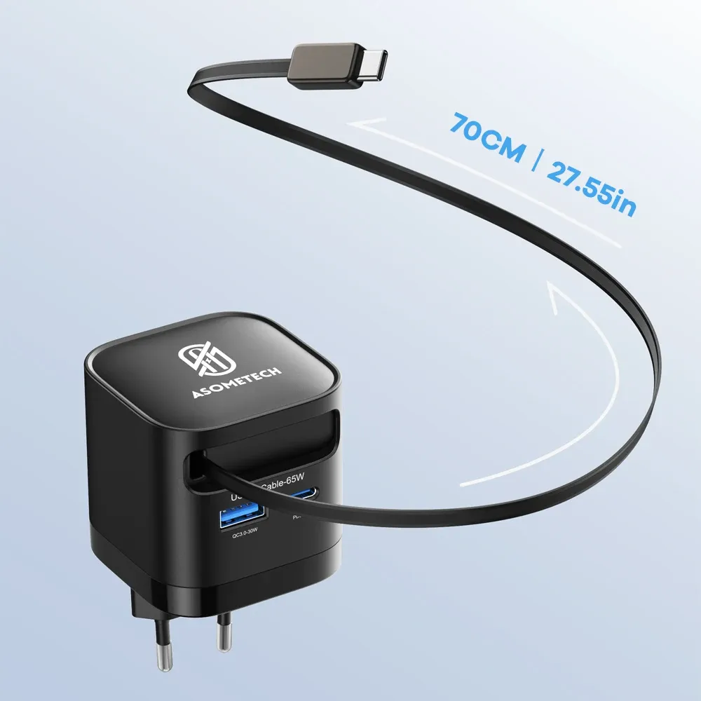 Chargeur USB GaN 65 W avec câble USB-C rétractable, 3 ports, compatible QC 4.0, PD 3.0 et PPS, pour MacBook, ordinateur portable, iPhone et Xiaomi 4
