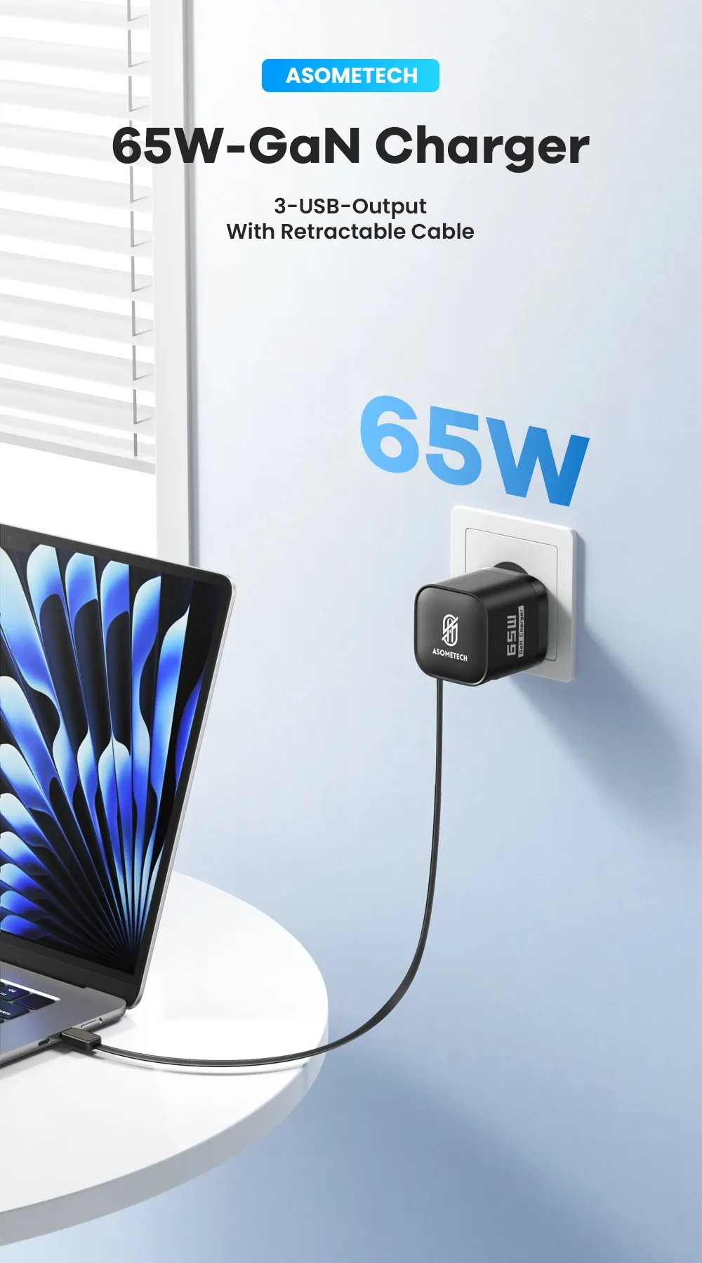 Chargeur USB GaN ASOMETECH, vue d'ensemble