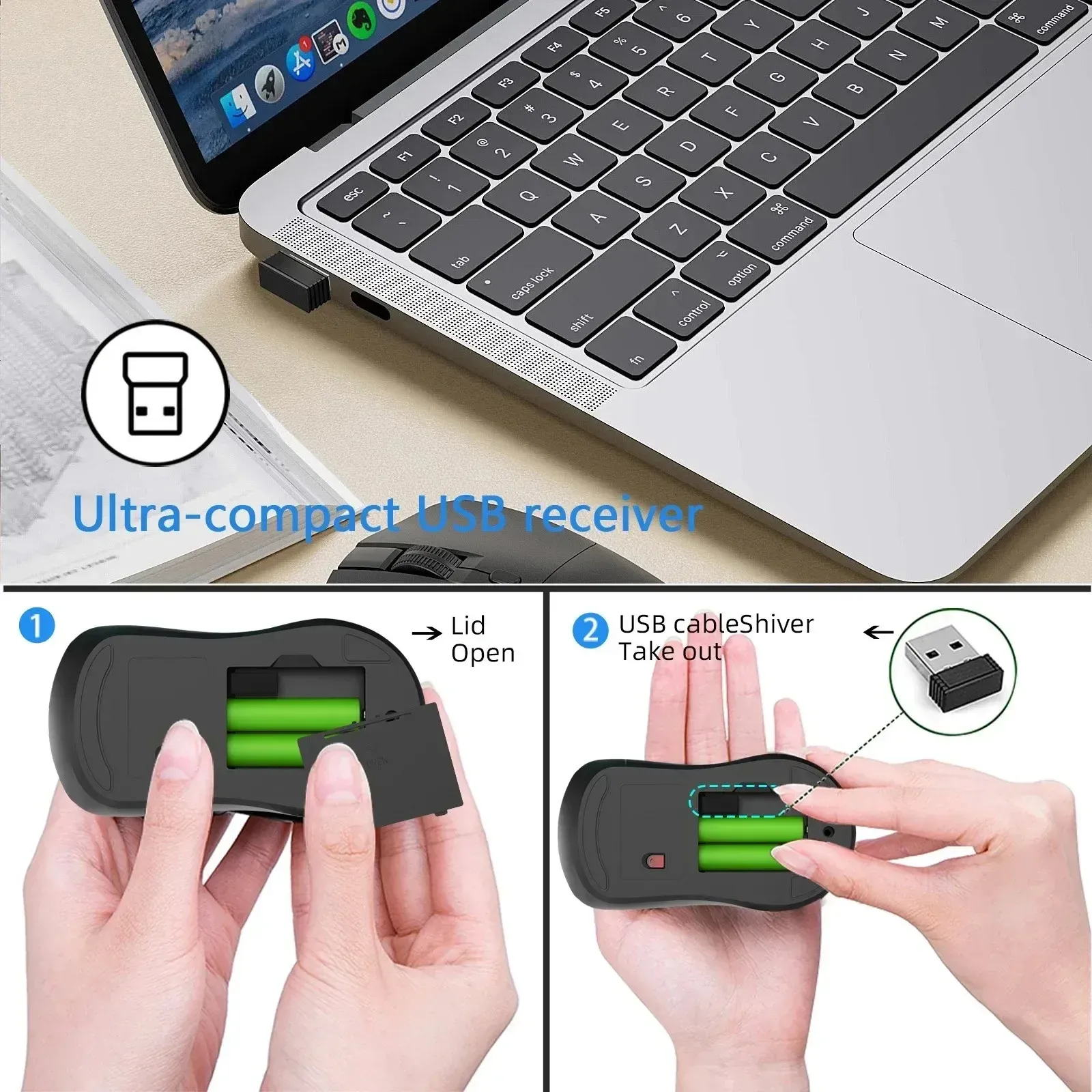 Souris de jeu sans fil 2,4 GHz ergonomique, rechargeable, DPI 800/1200/1600, compatible PC, ordinateur portable et MacBook Pro 5