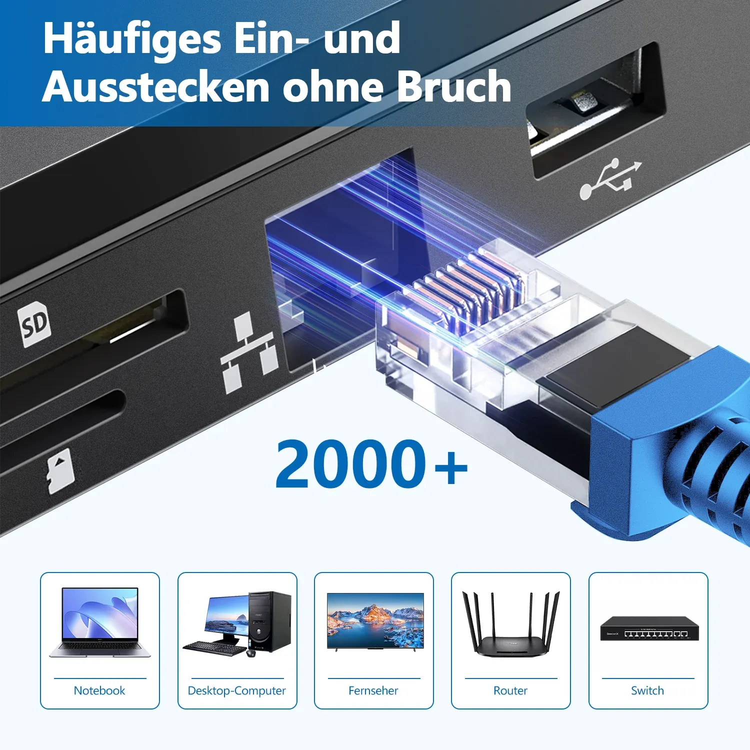Détail du connecteur RJ45 bleu du câble Ethernet