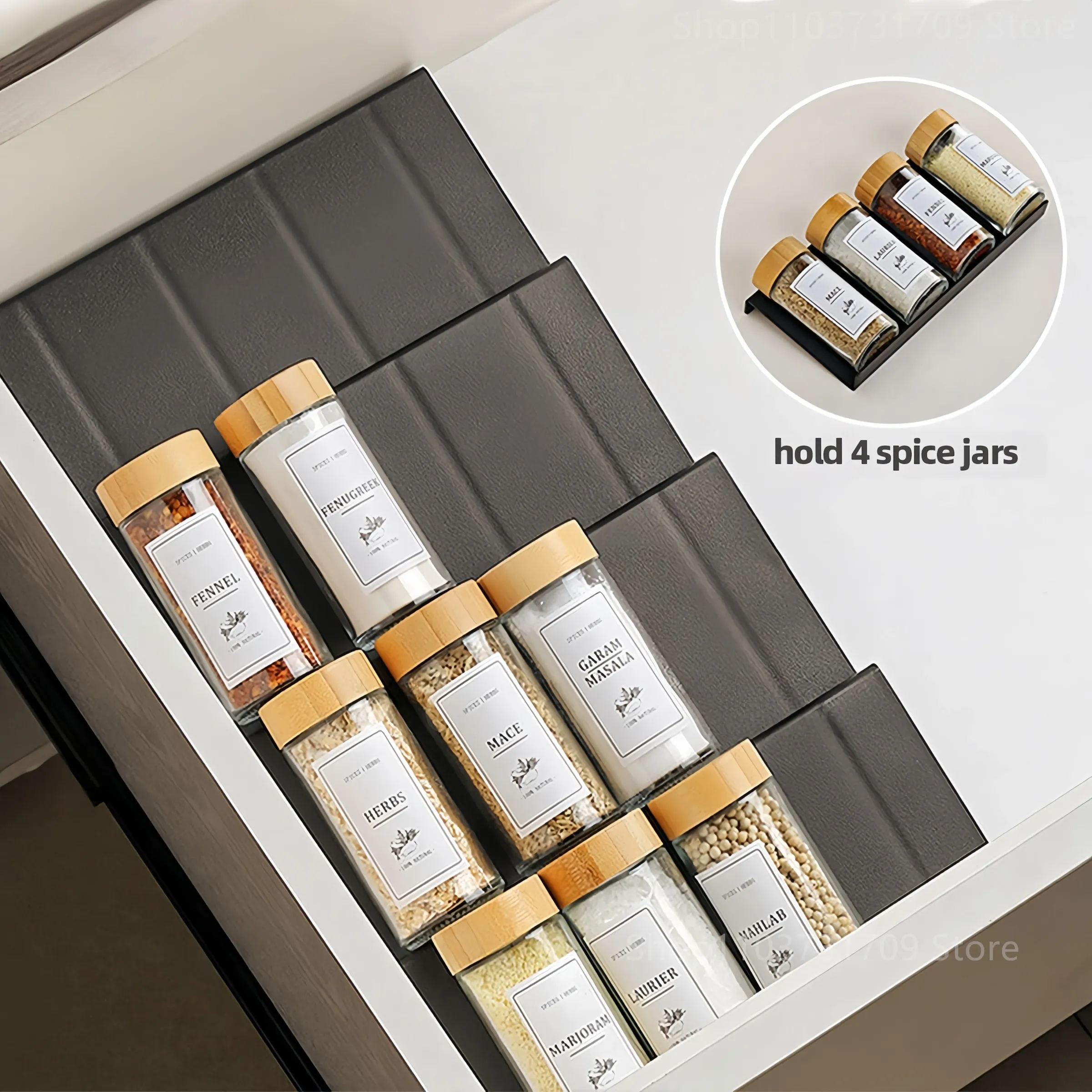 Organisateur de tiroir à épices 4 niveaux pour cuisine, support réglable pour pots et bouteilles d'assaisonnement