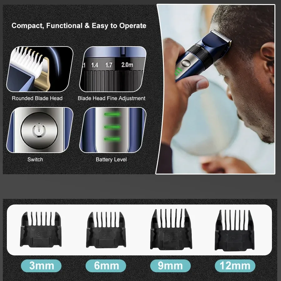 Tondeuse à cheveux électrique pour hommes, rechargeable USB, avec peignes limiteurs interchangeables 3