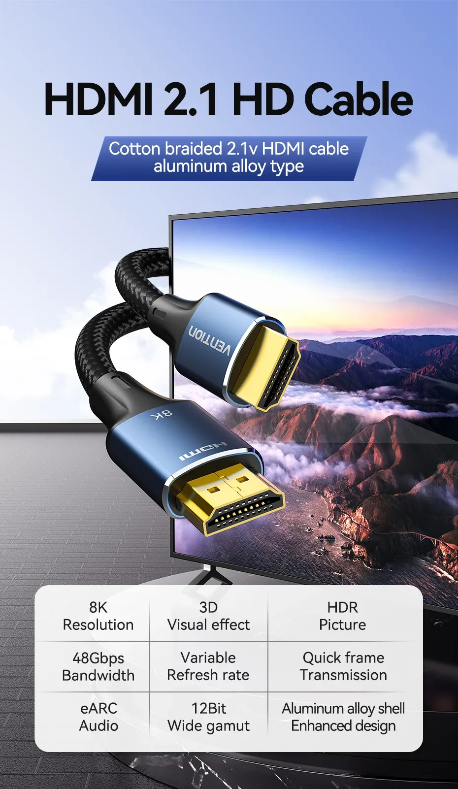 Câble HDMI 2.1 tressé en coton avec connecteurs en alliage d'aluminium