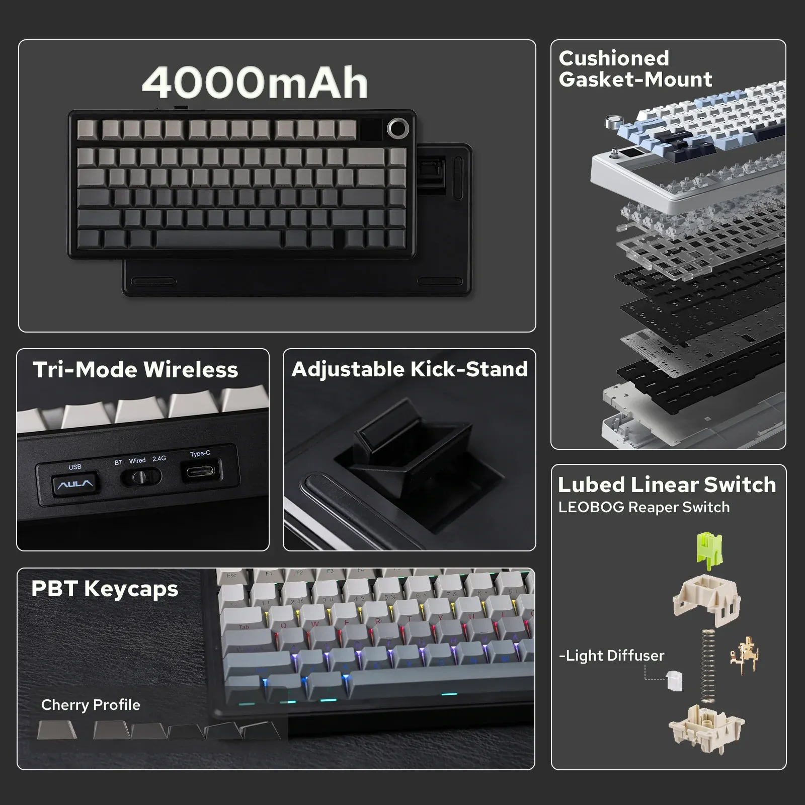 Clavier mécanique sans fil EPOMAKER X AULA F75 MAX, format compact 75 %, disposition ANSI, connectivité filaire/Bluetooth/2,4 GHz, écran TFT et bouton 2