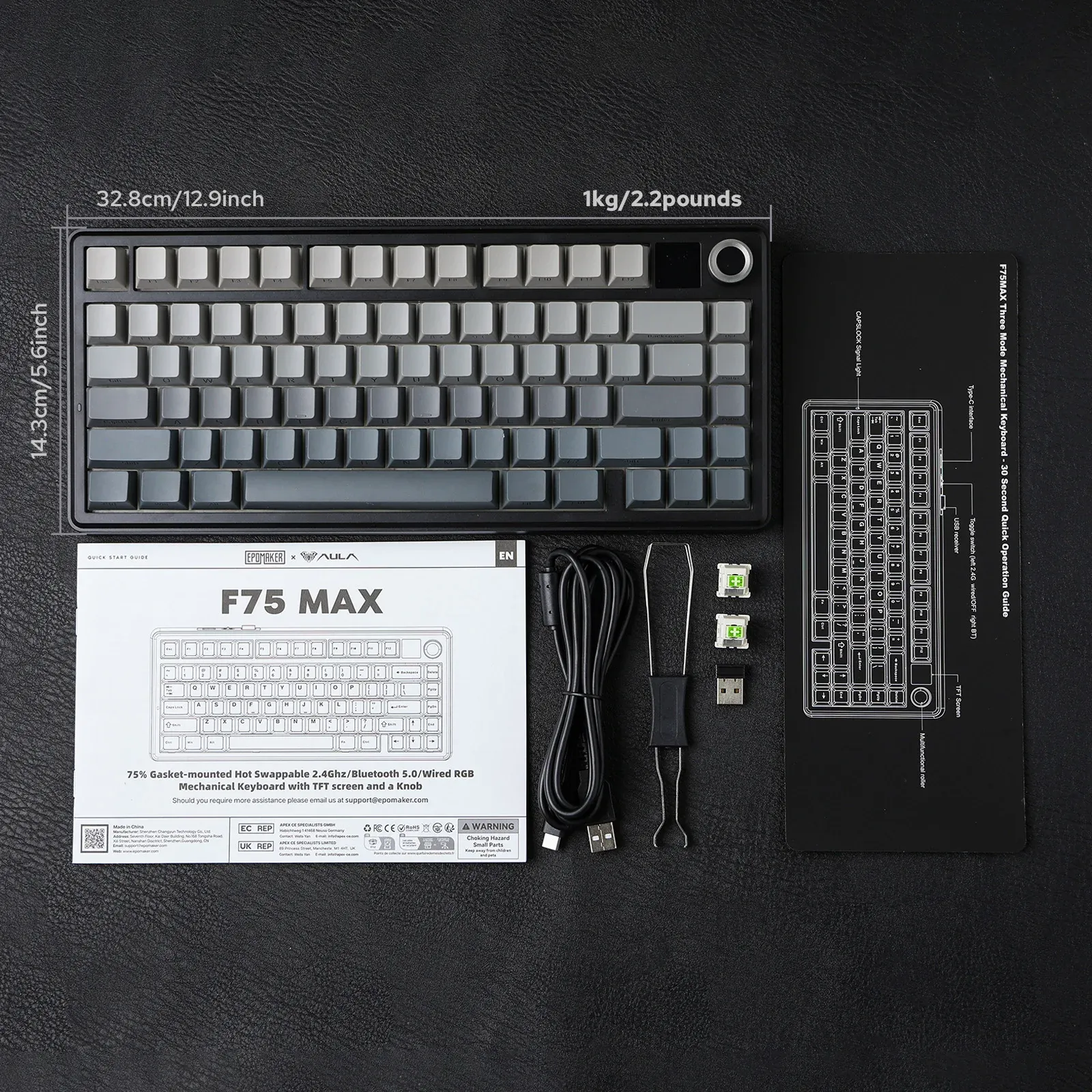 Clavier mécanique sans fil EPOMAKER X AULA F75 MAX, format compact 75 %, disposition ANSI, connectivité filaire/Bluetooth/2,4 GHz, écran TFT et bouton 6
